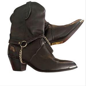 Oak Tree Farms Womens  Black Leather Braided Silver Chain Cowboy Boots‎ SZ 7.5